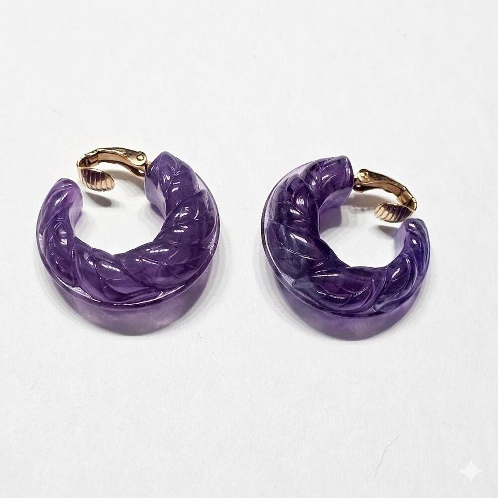 Vintage AVON Purple Carved Resin Hoops, Chunky Colorful Clip On Lucite Earrings